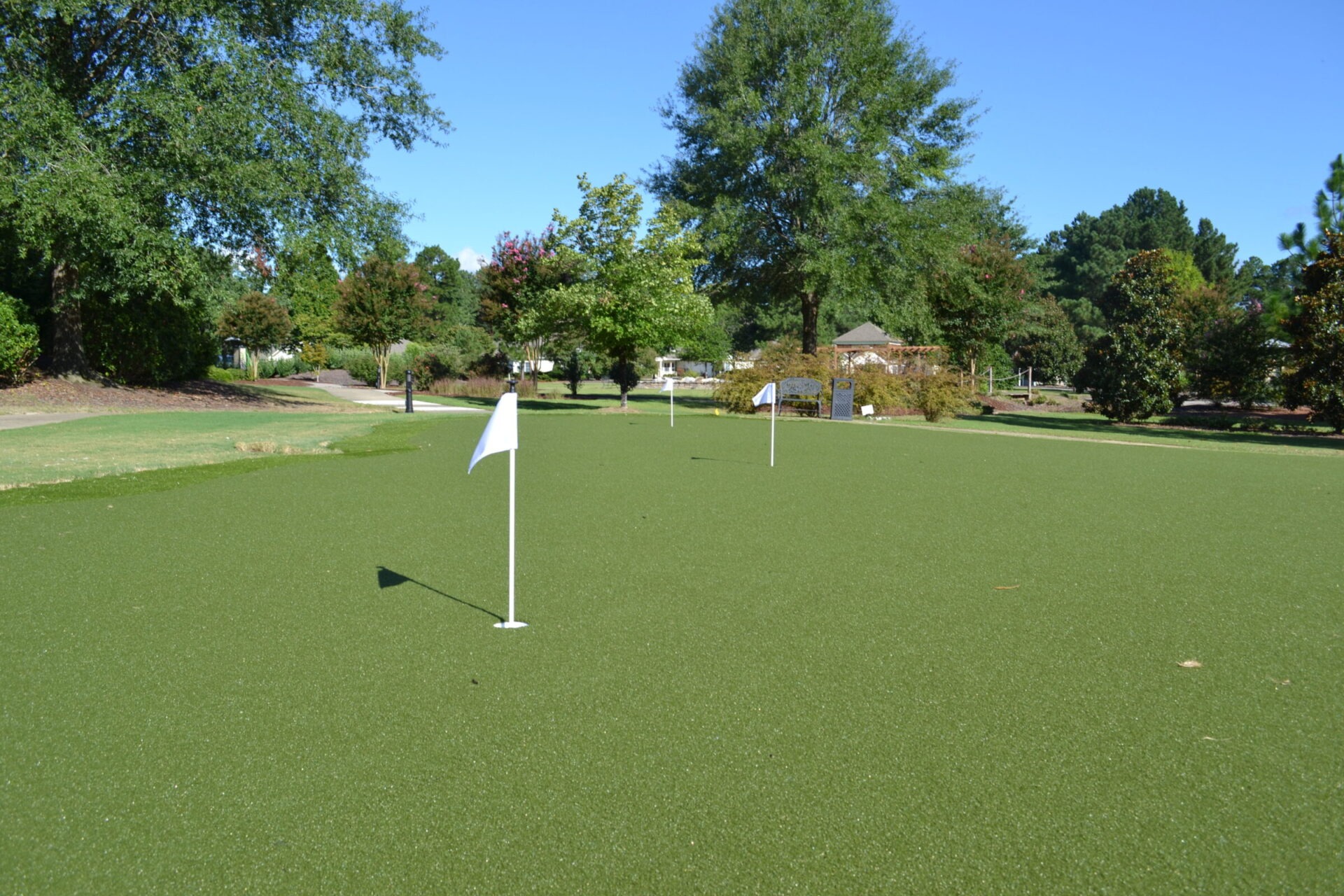 A golf green with multiple holes and flags, surrounded by trees under a clear blue sky. There is no one in the image.