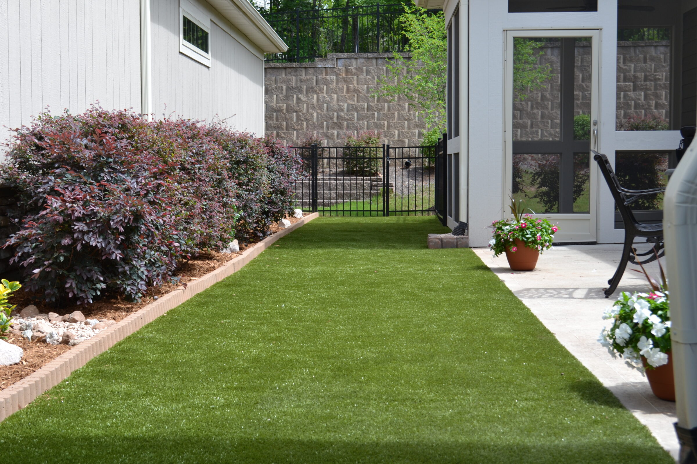 This image shows a manicured backyard with lush green artificial grass, a flowerbed with burgundy foliage, a black metal gate, and a house exterior.