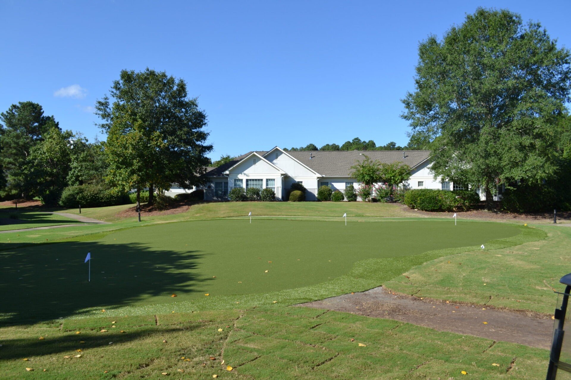 A well-manicured golf putting green with multiple holes, next to a single-story residential house, surrounded by trees under a clear blue sky.