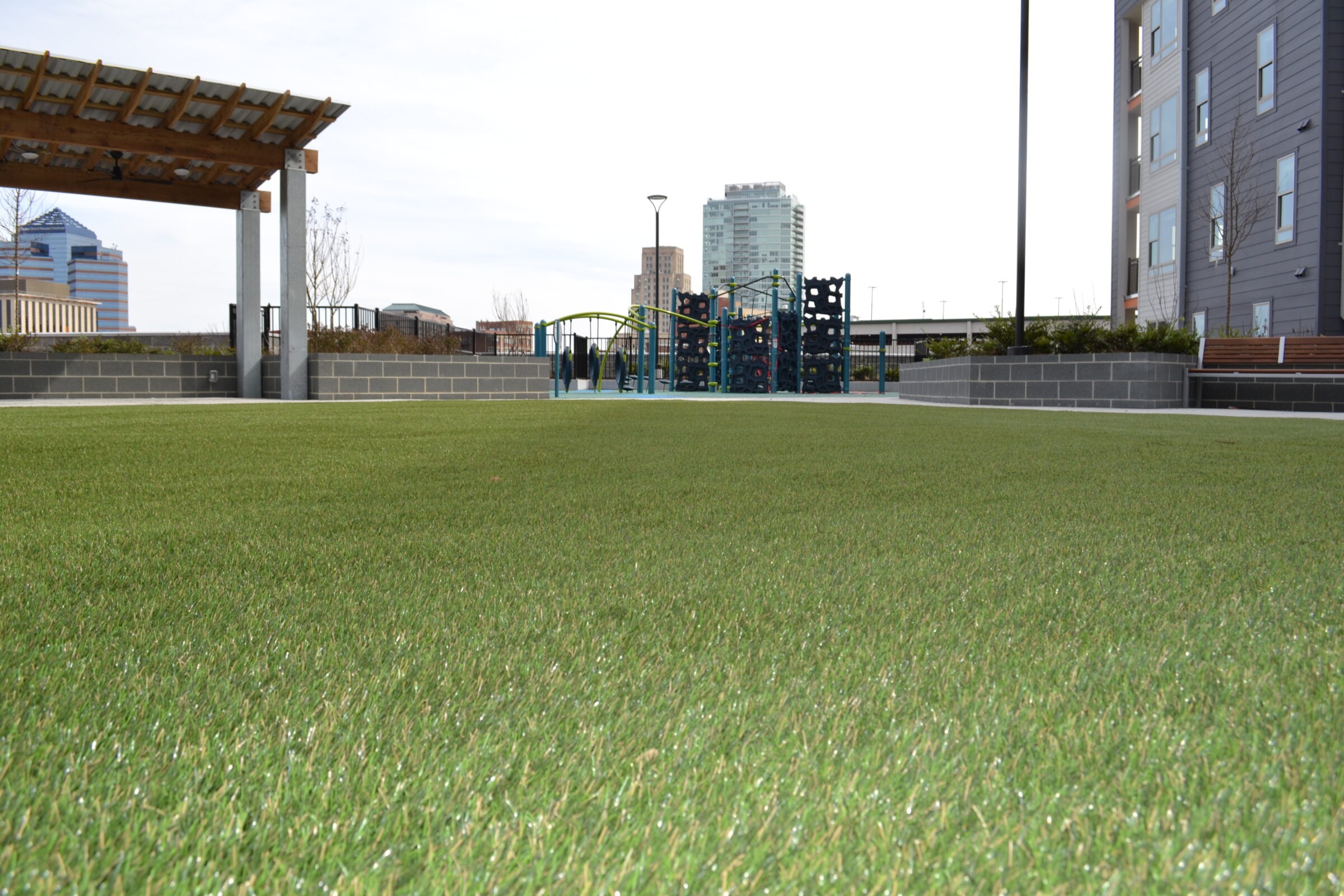 This image shows a grassy area with playground equipment in the background, an urban skyline, a pergola structure to the left, and apartment buildings.