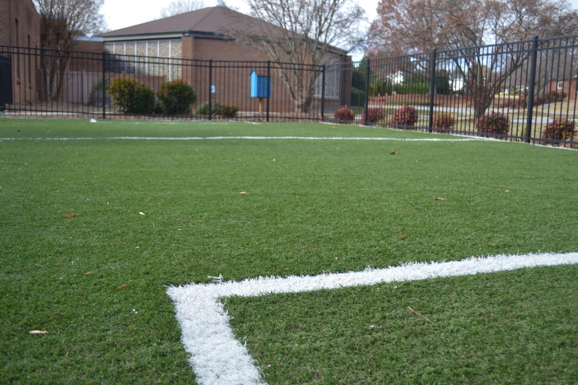The image shows a close-up view of an artificial green turf with white boundary lines, fallen leaves, and a metal fence with buildings behind.