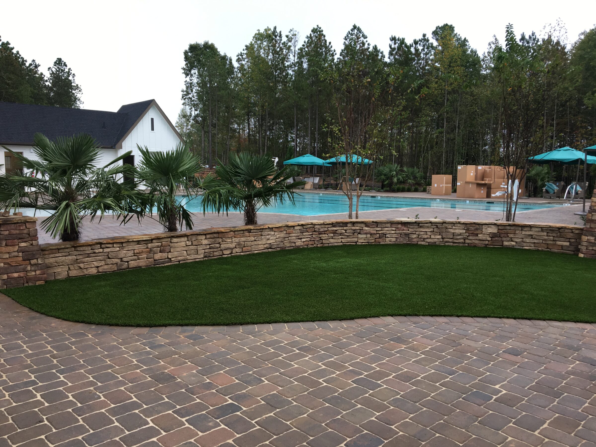 An outdoor pool area with brick walls, palm trees, and turquoise umbrellas. A well-maintained lawn and cobblestone paving leading to a white building.