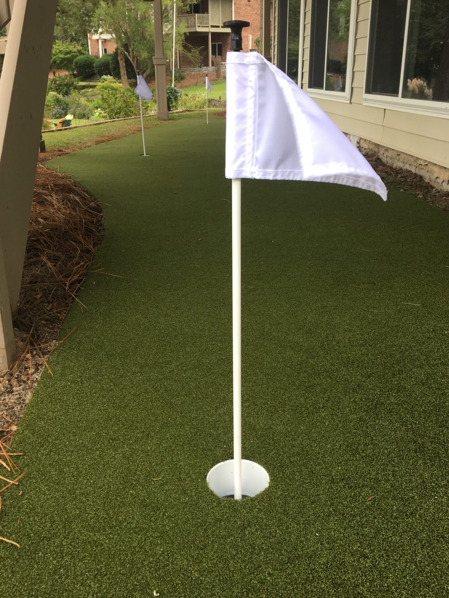 This image shows a part of a putting green with a white golf flag and hole. Artificial turf covers the ground, and there's landscaping in the background.