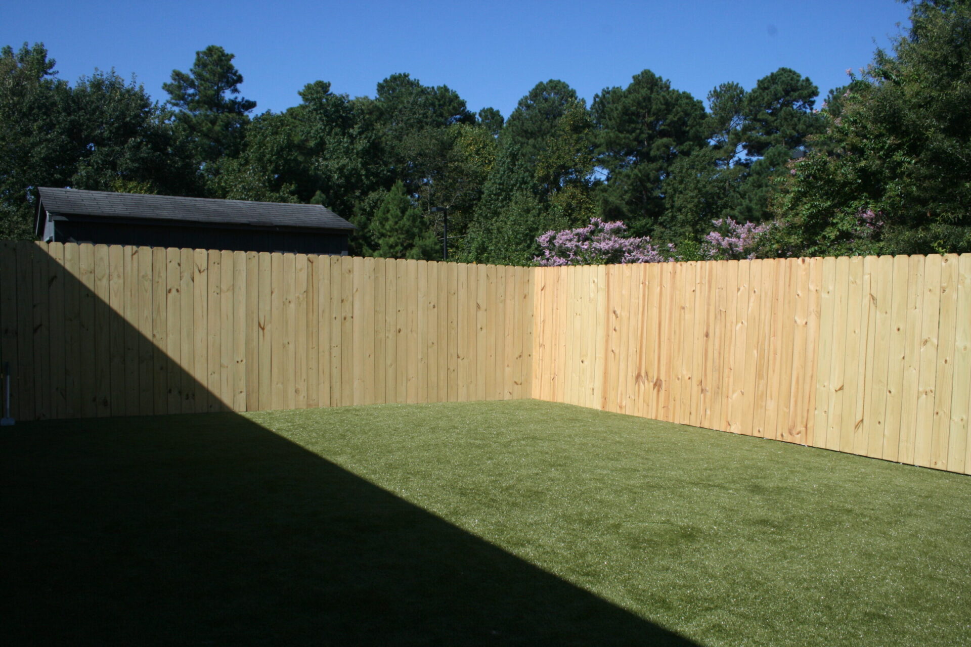 This image shows a neat, well-maintained backyard with a wooden fence, artificial grass, and trees peeking over the fence under a clear blue sky.